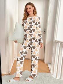 SHEIN Essnce 温暖母女搭配套装，全豹纹心形撞色女式2件套睡衣套装，长袖长裤