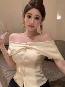 DAZY Elegant Summer Wrap Shoulder Solid Color Fitted Off Shoulder Cropped Women Blouse Going Out Tops Women - White - View 3