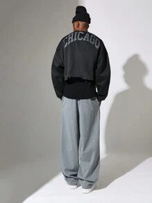 SUMWON Athleisure Crop Length Premium Sweatshirt With Chicago Text Back Print Fall Winter Casual Streetwear Cozy Ribbed Layering Essential - Black - View 4