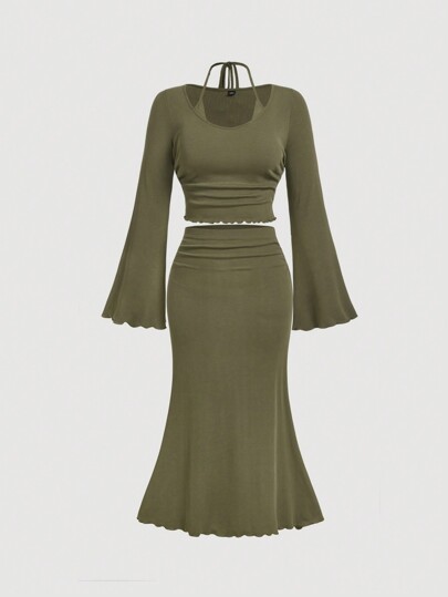 SHEIN MOD بلوزة كم طويل ذات أكمام متسعة لون أخضر زيتوني وتنورة طويلة وسط من نسيج مرن، بدلة كاجوال موديل قطعتين للمرأة البدينة، بدلة كاجوال مصنوعة من الأقمشة المحبوكة