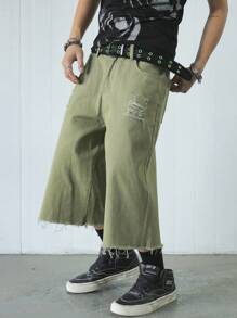 Manfinity EMRG 男士纯色牛仔短裤，休闲日常穿着 - 綠色 - 查看 4