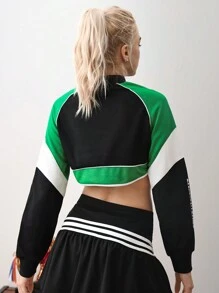 Cheerettes Girl's School Style Green Color-Block Letter Print Short Sporty Sweatshirt For Daily Casual Wear