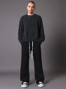 SUMWON Weite Schlagjeans mit Zugband in der Taille, locker geschnitten, Retro-Stil für Herbst/Winter, Lässig Streetwear College Mode Y2K Hose - Dunkelgrau - Übersicht 3