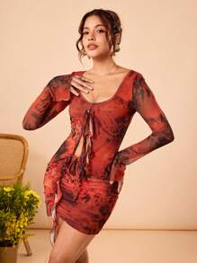 shy_girl Top transparente de manga larga con estampado de animal abstracto rojo, diseño hueco de lazo, para mujer diseñadora, primavera, salir, festival