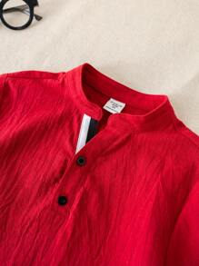 SHEIN 1pc Young Boys Casual School Red Stand Collar Short Sleeve Shirt Top, Versatile & Comfortable, Suitable For Spring/Summer, Valentine, Party, Date
