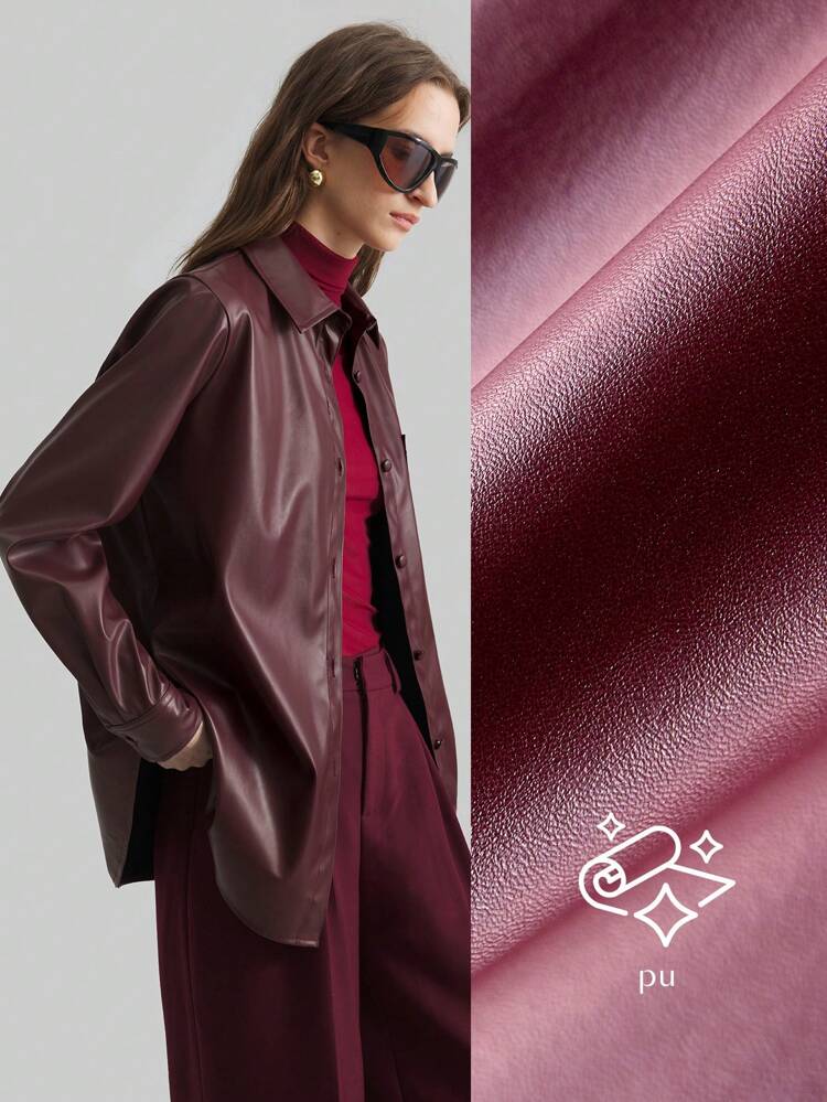 2026 SS New Women's Angola Red Solid Color Long Sleeve PU Leather Single-Breasted Casual Coat, Valentine's Day , Spring Women's Regular Coat
