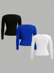 SHEIN EZwear 3 Set 3 Color Block Knit Plus Size Women's T-Shirt, Suitable For Autumn/Winter - Multicolor - View 2