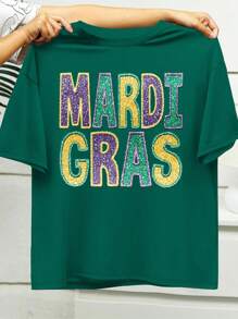 INAWLY Mardi Gras Shirt, Glitter Letter Print T-Shirt, Shiny New Orleans Carnival Celebration Cute Top - Green - View 3
