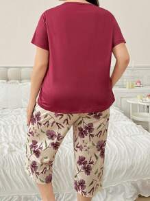 Plus Size Floral Print Short Sleeve Pocket Shirt And 3/4 Pants Set, Homewear