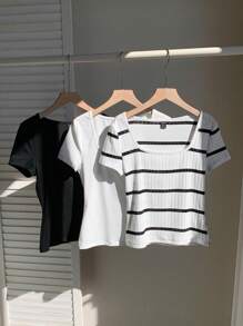 Comfortcana 3 件套大码黑白条纹纯色休闲 T 恤 - 彩色 - 查看 4