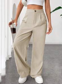 SHEIN EZwear 休闲百搭简约纯色直筒裤 - 香檳色 - 查看 4