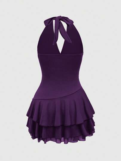 Hippie Women's Hippie Sun Totem Embroidered Layered Hem Mini Halter Dress