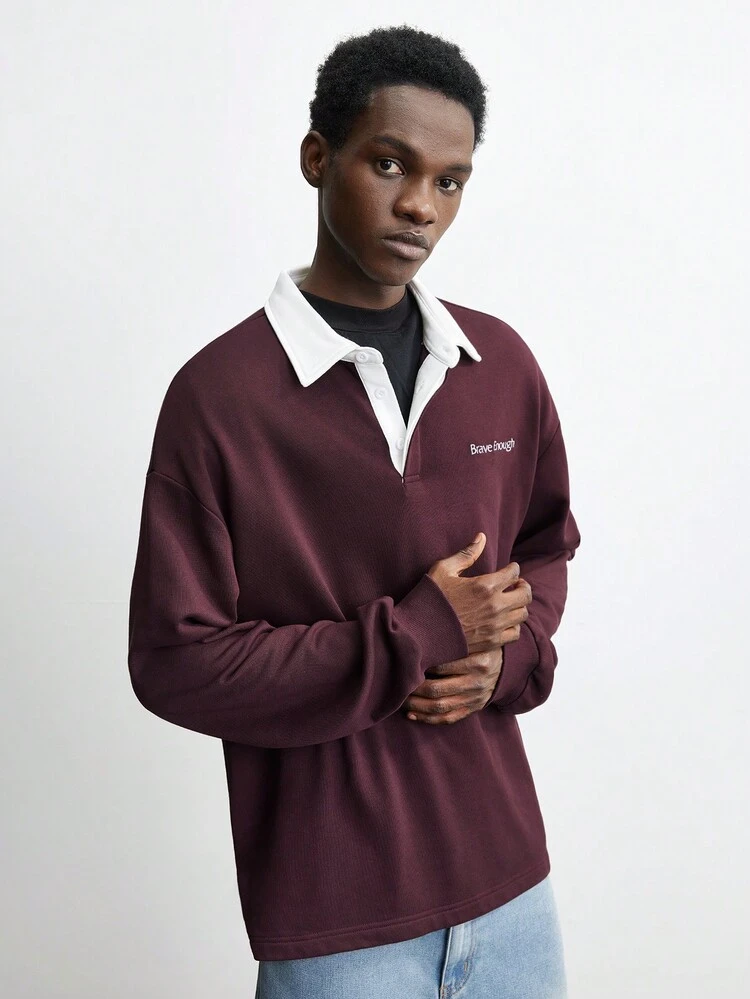 SHEIN Maija Men's 2025 Spring New Purple & English Contrast Collar Long Sleeve Loose Casual Polo Shirt, Fashion Minimalist For Valentine's Day, Holiday, New Year Party, Daily, Vacation, Commute