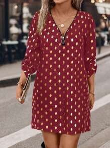 SHEIN Clasi Plus Size Women's Metallic Print Casual Woven Autumn Dress Burgundy Color Women Outfit