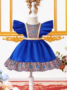 SHEIN Babygirl Summer Cute & Elegant Geometric Pattern Ruffle Hem Dress - Blue - View 6