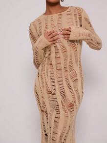 MUSERA 长袖做旧针织长裙，优雅春季性感可爱波西米亚风海滩度假夏季节日复古风 - 杏色 - 查看 5