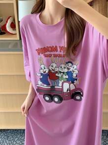 DAZY Rabbit Pattern Printed Loose T-Shirt Nightgown Pajama, Moo Moo - Purple - View 5