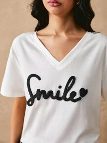 Poéselle Heart & Letter Pattern Drop Shoulder Tee Summer Tops Vacation Clothes - Black - View 5