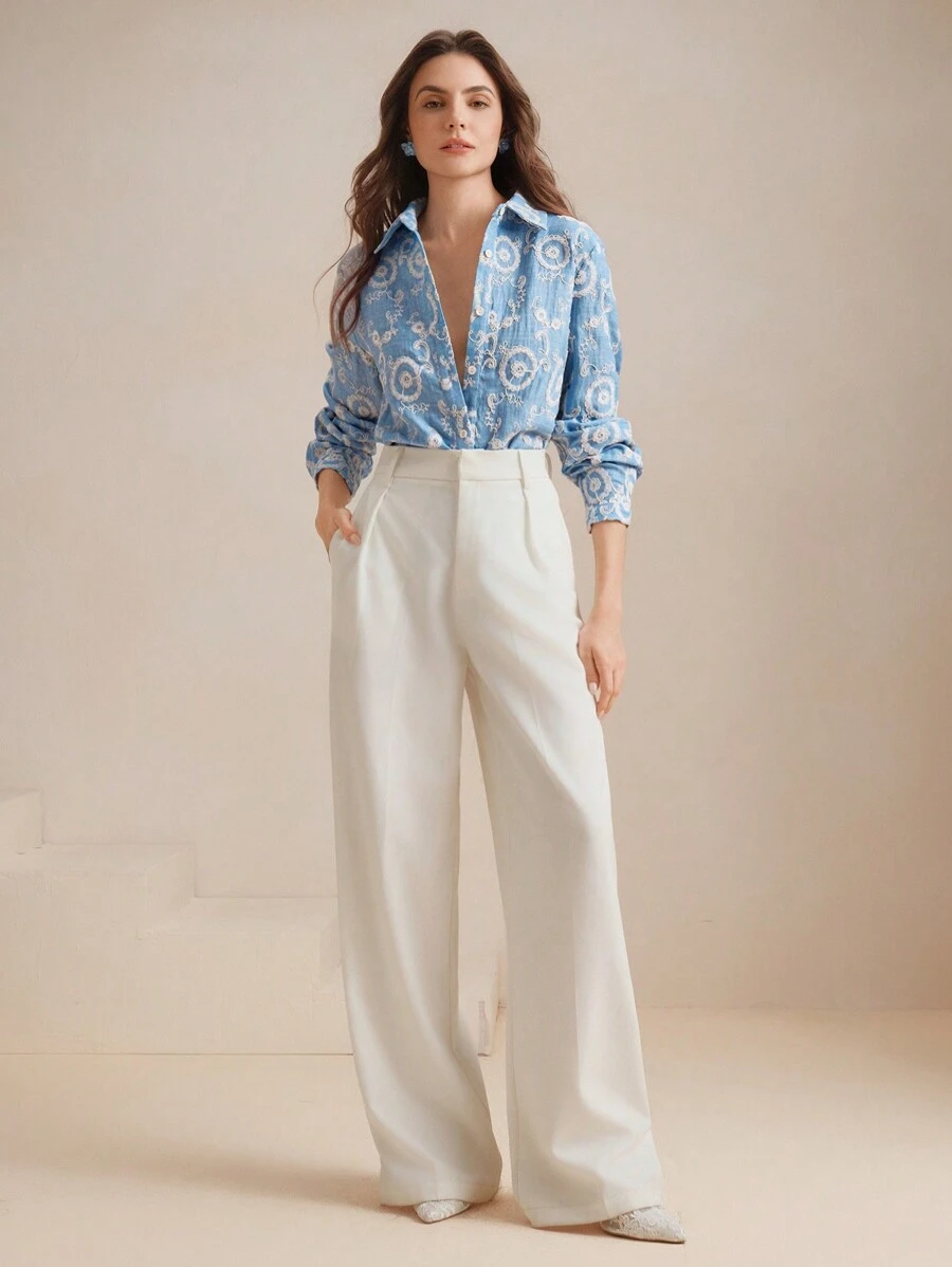 Anewsta 女士复古刺绣衬衫，适合春季、夏季和海滩穿着 - 淺色水洗藍 - 查看 1