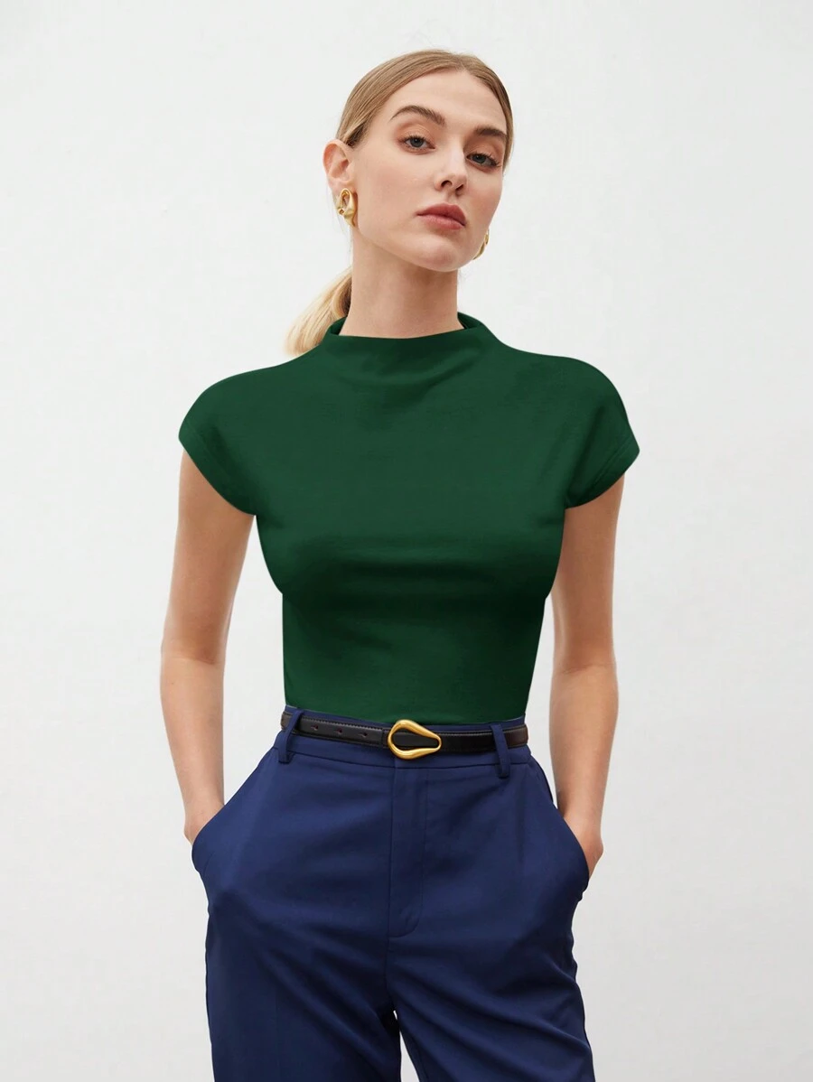 BizChic Women's Solid Color Pleated Elegant Short Sleeve T-Shirt, Modern Chic Urban Commute Everyday Romantic 90s Retro Style, Suitable For Christmas, New Year, Valentine's Day, Party, Beach, Graduation, Fashion, Festival, Holiday, Wedding Guest, Brunch, Airport, Multi-Occasion - Green - View 1