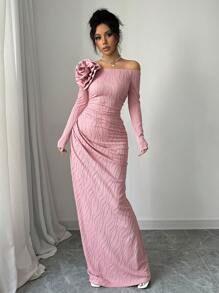 Rafferiza Women Long Sleeve 3D Floral Long Dress