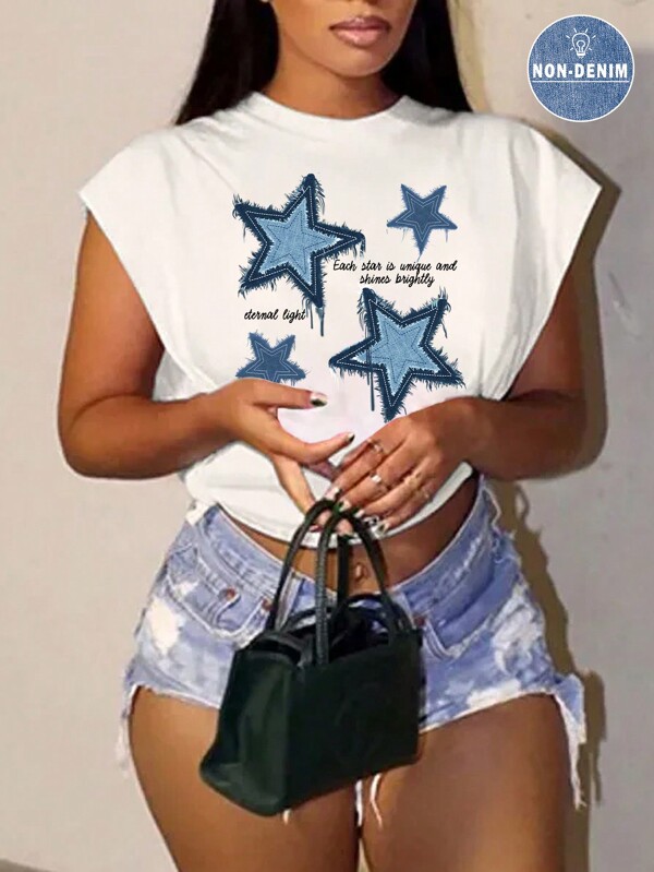 Slaydiva Casual Simple Plus Size Women's T-Shirt With Star Pattern, Suitable For Summer Each Star Is Unique And Shines Brightly Eternal Light
