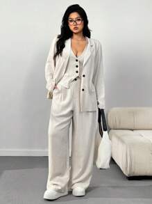 SHEIN EZwear Spring Linen Lightweight Mandarin Collar Front Button Down Jacket, Minimalist Sleeveless Top And Pants Casual Plus Size Suit Graduation,Back To School,Teacher Outfits For Women In Fall/Winter