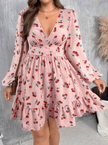 SHEIN VCAY Plus Size Autumn/Winter Cherry Print Romantic Elegant Vacation Party V-Neck Elastic Waist Long Sleeve A-Line Dress - Pink - View 1