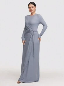 Veilorie Women's Solid Color Round Neck Long Sleeve Pleated Elegant Dress Modest - Blue - View 2