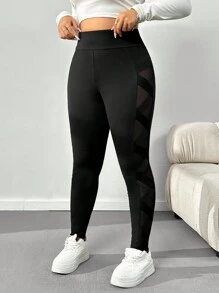 SHEIN EZwear Plus Size Women Mesh Patchwork Slim Fit Leggings, Casual Everyday Wear