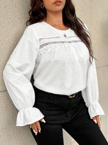 SHEIN Frenchy Plus Size Solid Color Round Neck Long Sleeve Hollow Casual Shirt - White - View 5