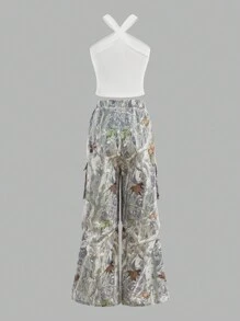 SHEIN Tween-Mädchen Lässiges Neckholder-Top mit gerade geschnittener Hose