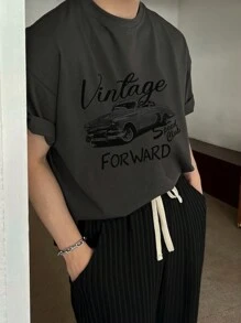 DAZY Men's Gray Car Pattern & Letter Graphic Street Style T-Shirt - Grey - View 3