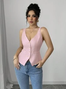 Selianne Pink V-Neck Corset Top For Women, Sleeveless Button-Up Cami Top, Summer Fashion - Pink - View 4
