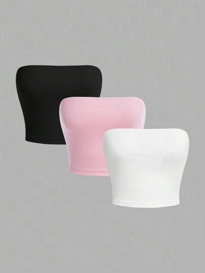 SHEIN BASICS 3 件套休闲纯色针织修身短款吊带背心女式上衣