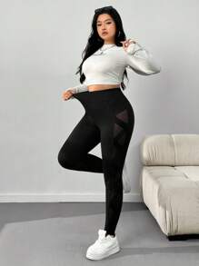 SHEIN EZwear Plus Size Women Mesh Patchwork Slim Fit Leggings, Casual Everyday Wear