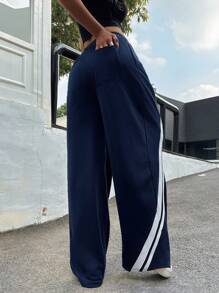 Flirla Plus Size Men American Style Drawstring Waist Sports Sweatpants - Navy Blue - View 2