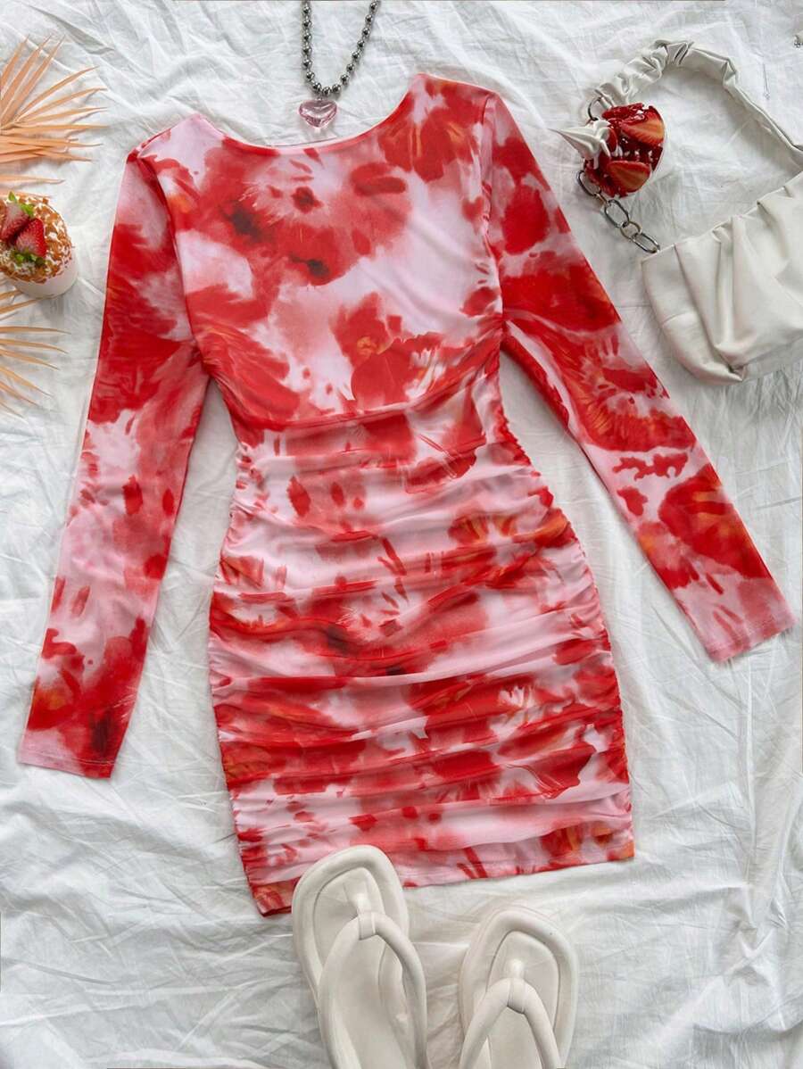 Soleia 女士扎染花卉图案针织迷你连衣裙，修身版型，长袖，适合度假、聚会、约会 - 彩色 - 查看 1