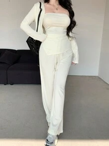 DAZY 3pcs Women Simple Solid Color Fitted Outfit Set - Beige - View 9
