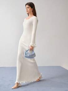 MOTF STUDIO RIBBED KNIT FLARE SLEEVE LETTUCE TRIM DRESS, OPEN WORK MAXI DRESS, LONG SLEEVES, LIGHT WEIGHT - White - View 6