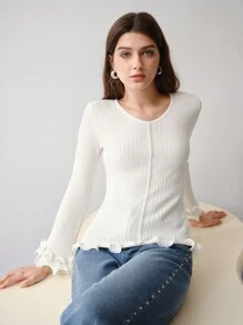 MOTF STUDIO RIBBED KNIT FLARE SLEEVE SWEATER, LONG SLEEVES, OPEN WORK SWEATER, LIGHT WEIGHT - White - View 6