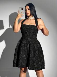 Allurite Plus Size Women Jacquard Halter Dress, Black, Valentine's Day, For Summer