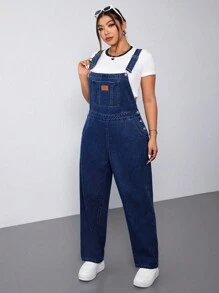SHEIN ICON Plus Size Casual Washed Simple Denim Bib Overalls - Dark Wash - View 3