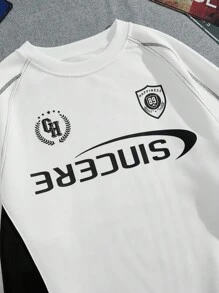 Manfinity Campus Court Sudadera casual de hombre con bloque de color e impresión de letras, para otoño/invierno - Blanco - Ver 3