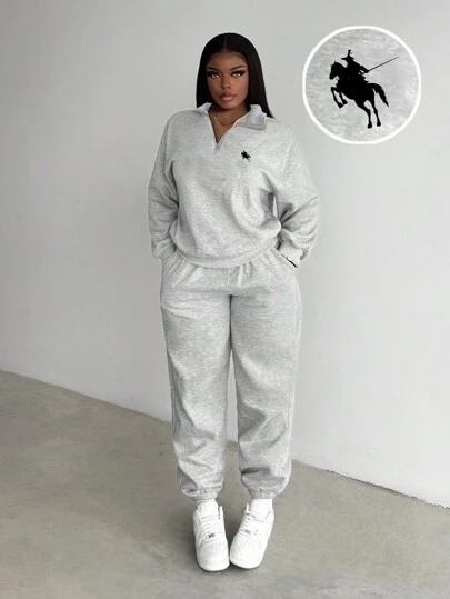 Slaydiva Ensemble sweat-shirt à col montant, demi-zip et pantalon, style western décontracté avec logo de cheval, coupe ample, doublé thermique, pour femmes. Convient pour l'automne/l'hiver