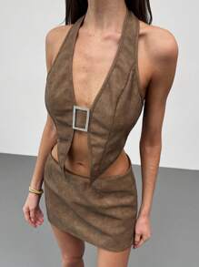 Aloruh مجموعة 2 قطعة من ملابس علوية سادة اللون والتنورة القصيرة المزينة برينستون للمرأة - بني - مشاهدة 4