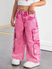 SHEIN Jong meisje Y2K grijs denim cargo pocket losse wijde broek, meisje herfst en winter denim jeans kleding