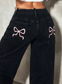 SHEIN EZwear 女士蝴蝶结刺绣宽松阔腿休闲牛仔裤