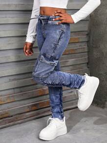 SHEIN Tween Girl Blue Denim Jeggings - Medium Wash - View 1