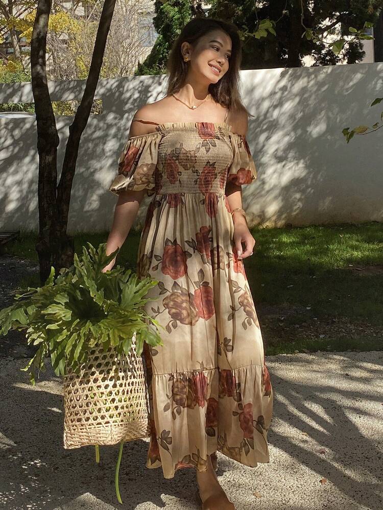 Bohemian Beach Floral Rose Print Chiffon Slip Dress, Off Shoulder Pleated Ruffle Waist Midi Dress For Women,Milkmaid Dress Sundress Boho